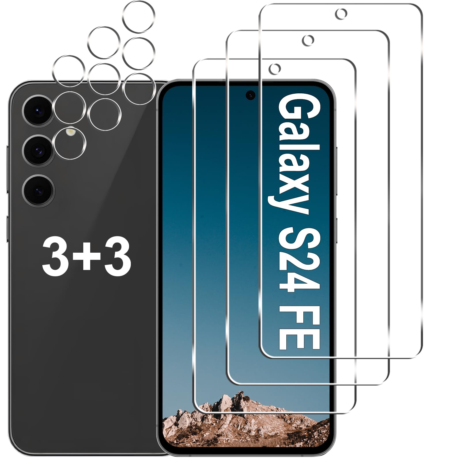 Photo 1 of [3+3 Pack] Galaxy S24 FE Screen Protector + Camera Lens Protector, 9H Tempered Glass, Anti Scratch, Easy Installation, Bubble Free, HD Screen Protector for Samsung Galaxy S24 FE 5G