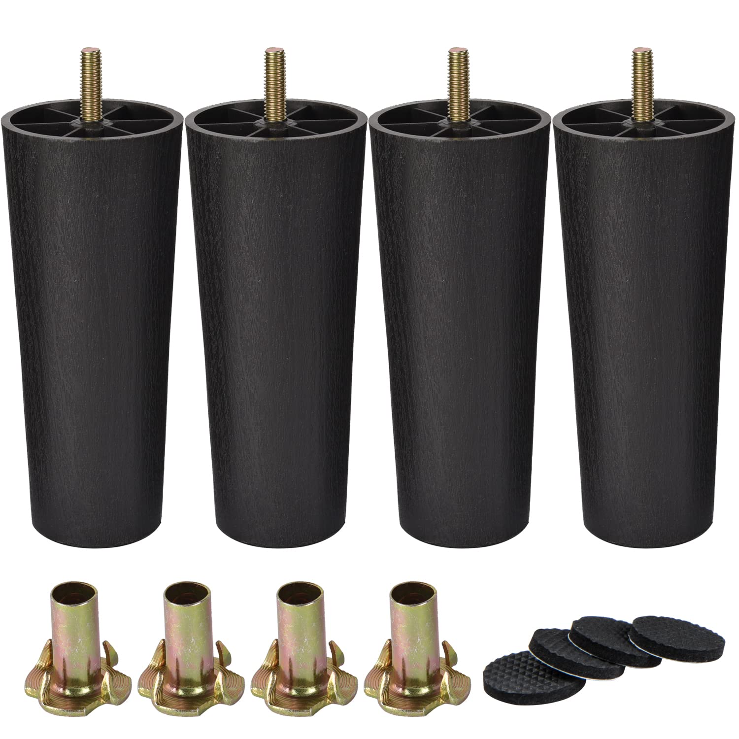 Lavane Direct 6 inch Plastic Furniture Legs, 4PCS Mid Century Modern Tapered Replacement Bun Feet with Pre-Drilled M8 5/16 Inch Bolt & Mounting Plate & Screws for Sofa Couch Cabinet Loveseats Ottoman