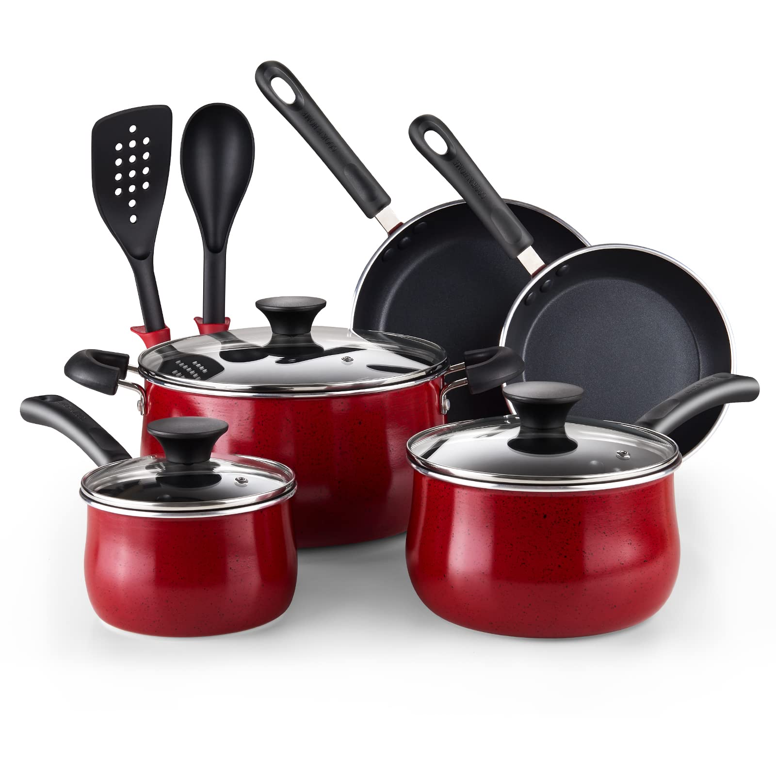 Cook N Home Pots and Pans Nonstick Cookware Set 10-Piece, Belly Shape Kitchen Cooking Set with Frying Pans and Saucepans, Induction Compatible, Marble Red Image