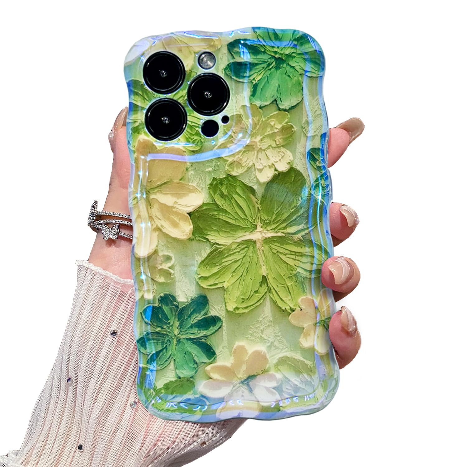 VCTERFK Case for iPhone 13 Pro Max,Exquisite Colorful Retro Oil Painting Flower,Stylish Glossy Pattern Wave Frame,Soft Durable Shockproof Camera Protection iPhone 13 Pro Max Case for Women Girl-Green