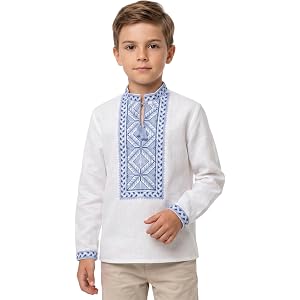Skrynia Boys Ukrainian Embroidered Shirt Vyshyvanka - 100% Cotton Long Sleeve Ethnic Top with Blue Embroidery