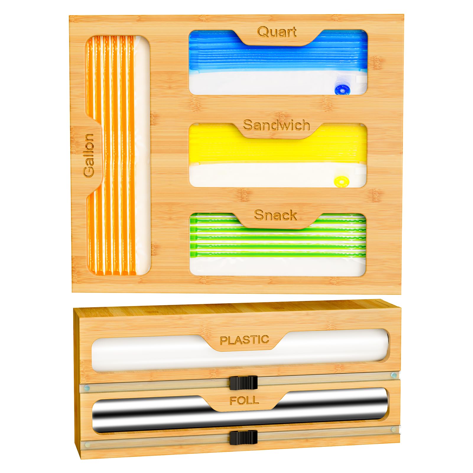 Photo 1 of Bamboo Bag Storage Organizer - 2 Wrap Dispenser with Cutter & 4 Slots Food Storage Bags Container - Kitchen Drawer Plastic Bags Storage Organization for Gallon Quart Sandwich Snack Bags