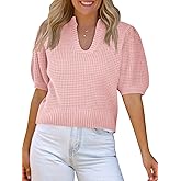 Saodimallsu Womens Puff Short Sleeve Sweater Top Waffle Knit V Neck Spring Summer Cropped Trendy Cute Shirts Blouses