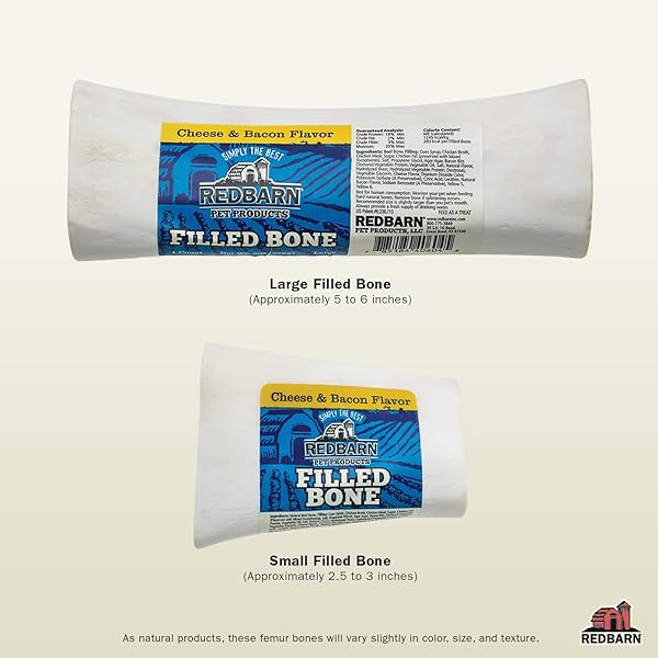 REDBARN PET PRODUCTS LARGE FILLED DOG BONES, CHEESE & BACON FLAVOR – LONG LASTING STUFFED FEMUR CHEW TREAT MADE IN USA – 4 COUNT – PACKAGING MAY VARY