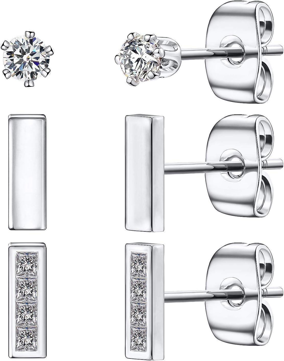 Tiny Stud Earrings 3Packs Set for Women 925 Sterling Silver Post Cartilage Earrings Mini Bar and Cubic Zirconia Ear Studs Gold Plated Hypoallergenic Dainty Cute Earrings to Girls