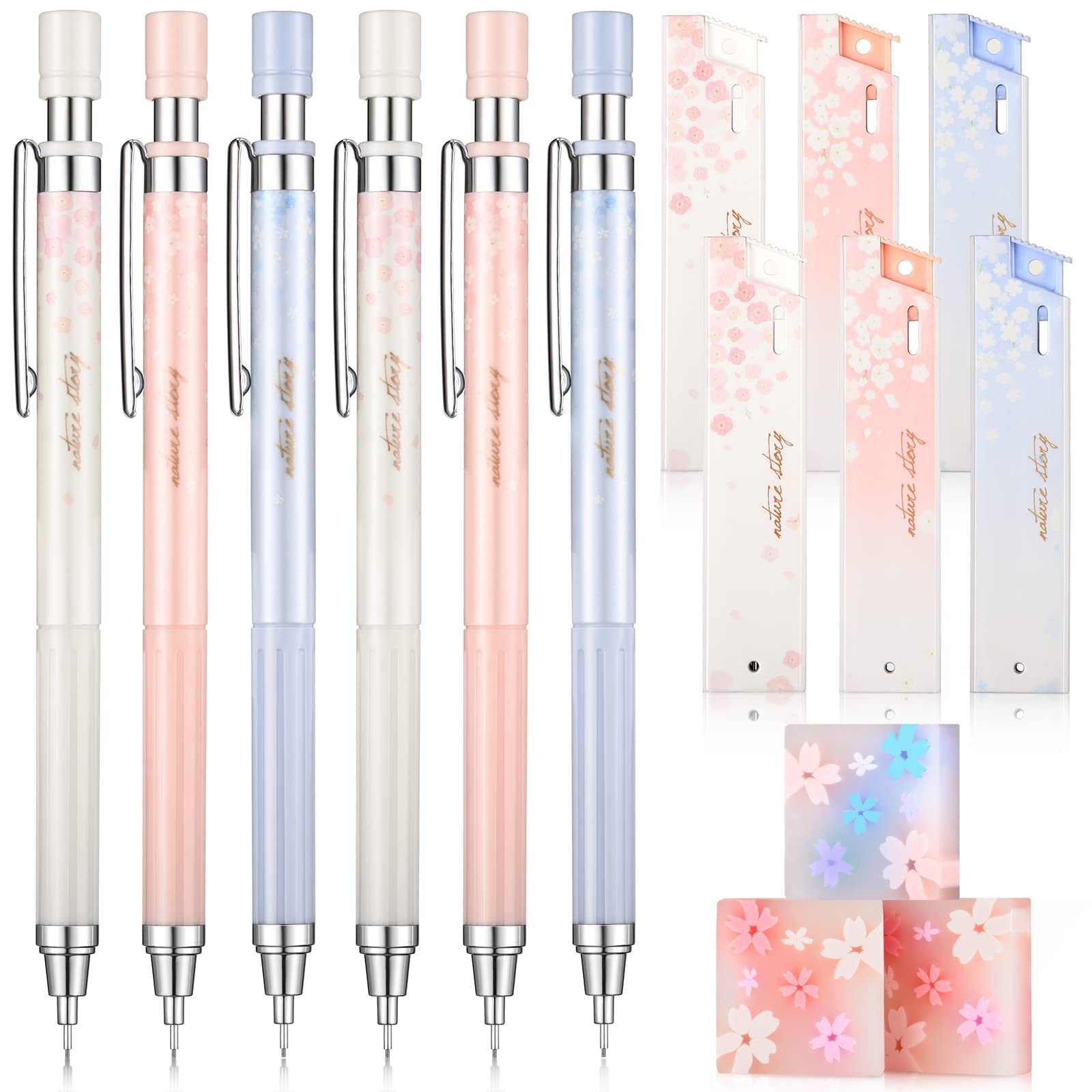 Photo 1 of 15 Pcs 0.5 mm Mechanical Pencil Set Include 6 Pcs Japanese Cute Pencils with 6 Tubes Pencil Refill and 3 Cute Cherry Erasers for Sketching Architecture Drawing
