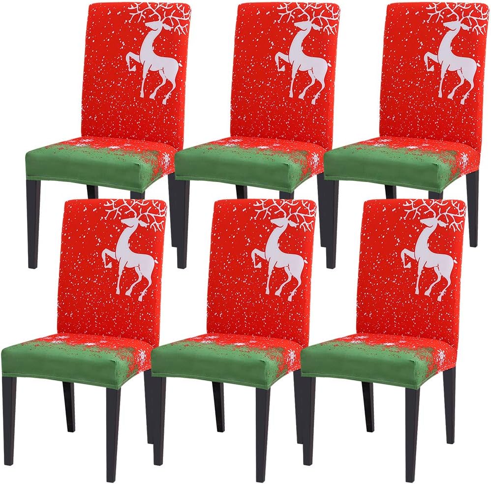 SearchI Christmas Dining Room Chair Covers Slipcovers Set of 6, Fabric Fit Stretch Soft Removable Washable Comfortable Christmas Kitchen Chair Covers Protector for Dining Room Hotel Ceremony