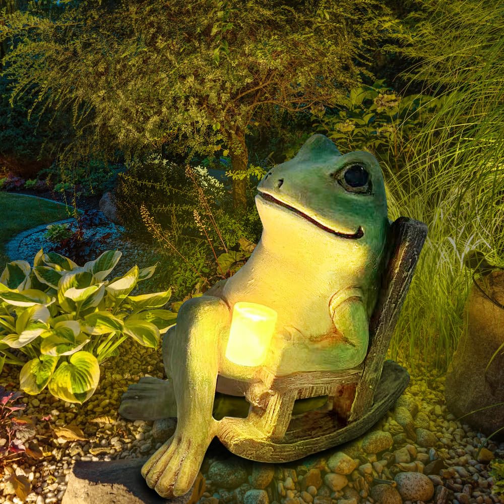HIULLEN Garden Ornaments Outdoor Solar Frog Statues, Frog Solar Garden Ornament, Solar LED Frogs Gardens Ornaments Outdoor, for Patio Balcony Yard Unique Housewarming Gifts