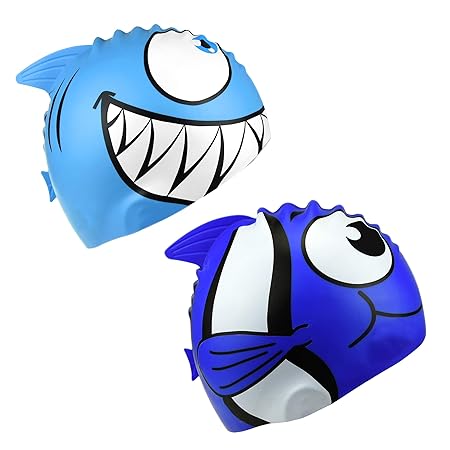 HOGAR AMO 2 Teilig Kinder Haifisch/Niedlicher Fisch Bademütze Set Schwimm Kappe Mütze Silikon Swimming Cap Kit Super-Stretch 