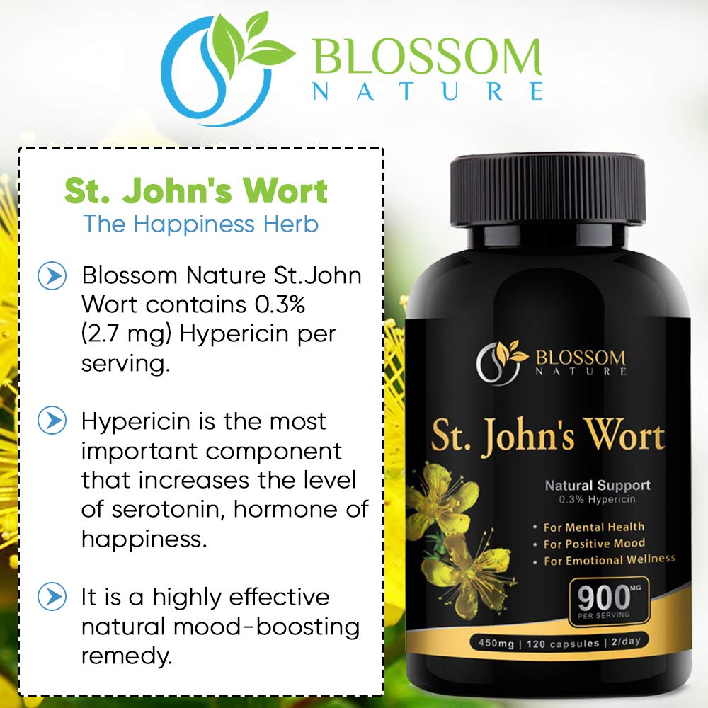 St.John\'s Wort 900mg Supplement-Natural Antidepressant for Mood Boost, Anxiety & Depression Support-Provides Extended Stress Relief-120 capsules, 450mg of St Johns Wort with 0.3% Hypericin per Capsule