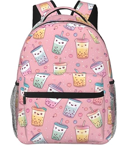 TGUBJGV Cute Boba Bubble Tea Print Kids Backpack, Lightweight Girls School Bookbag with Front Pocket and Side Pockets for School and Daily Use