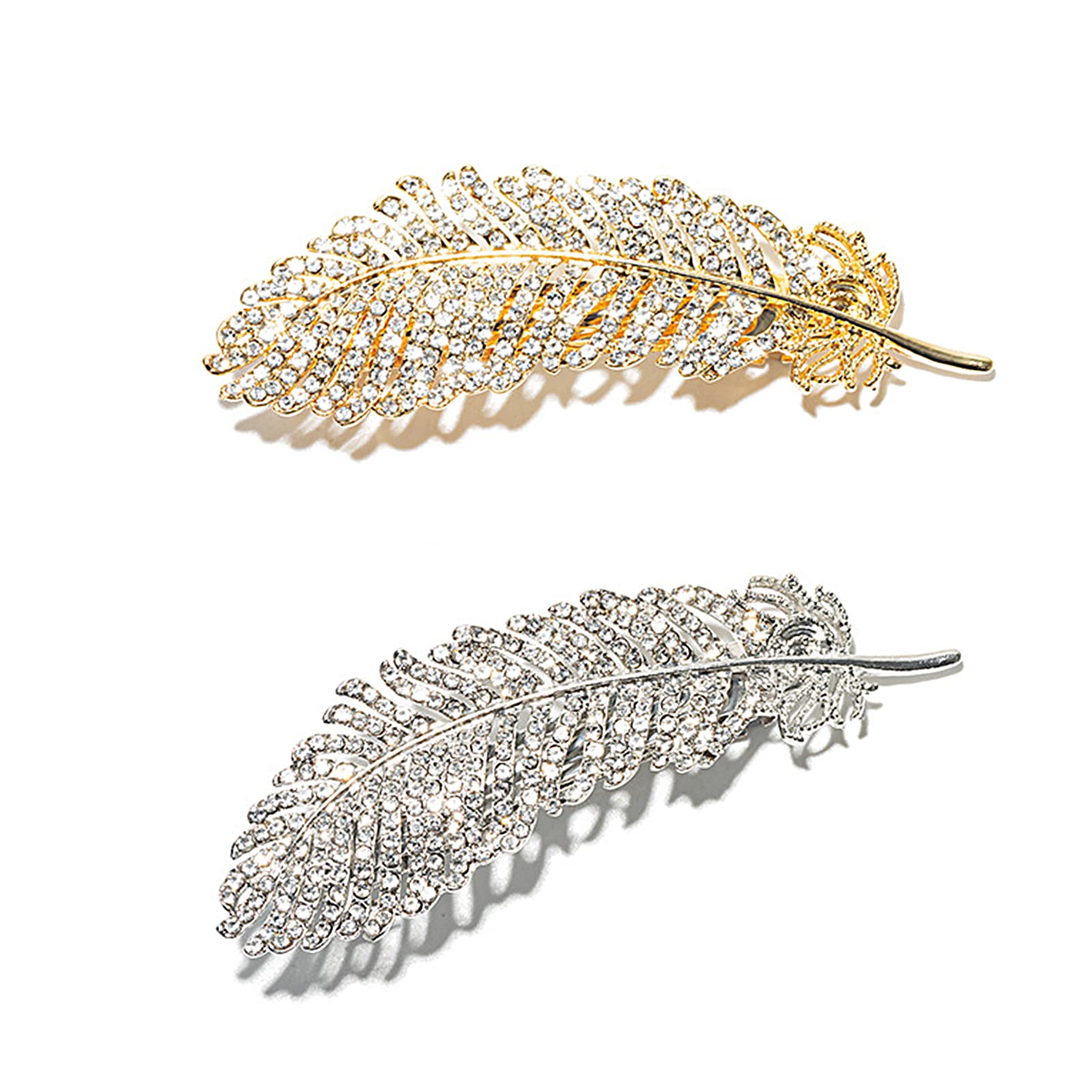 SacJkt Crystal Feather Hair Clips, Vintage Metal Leaf Hair Clip, 2PCS Rhinestone Hair Pin Hair Barrettes Accessories Ponytail Holder Clip for Women and Girls (Silver, Gold)
