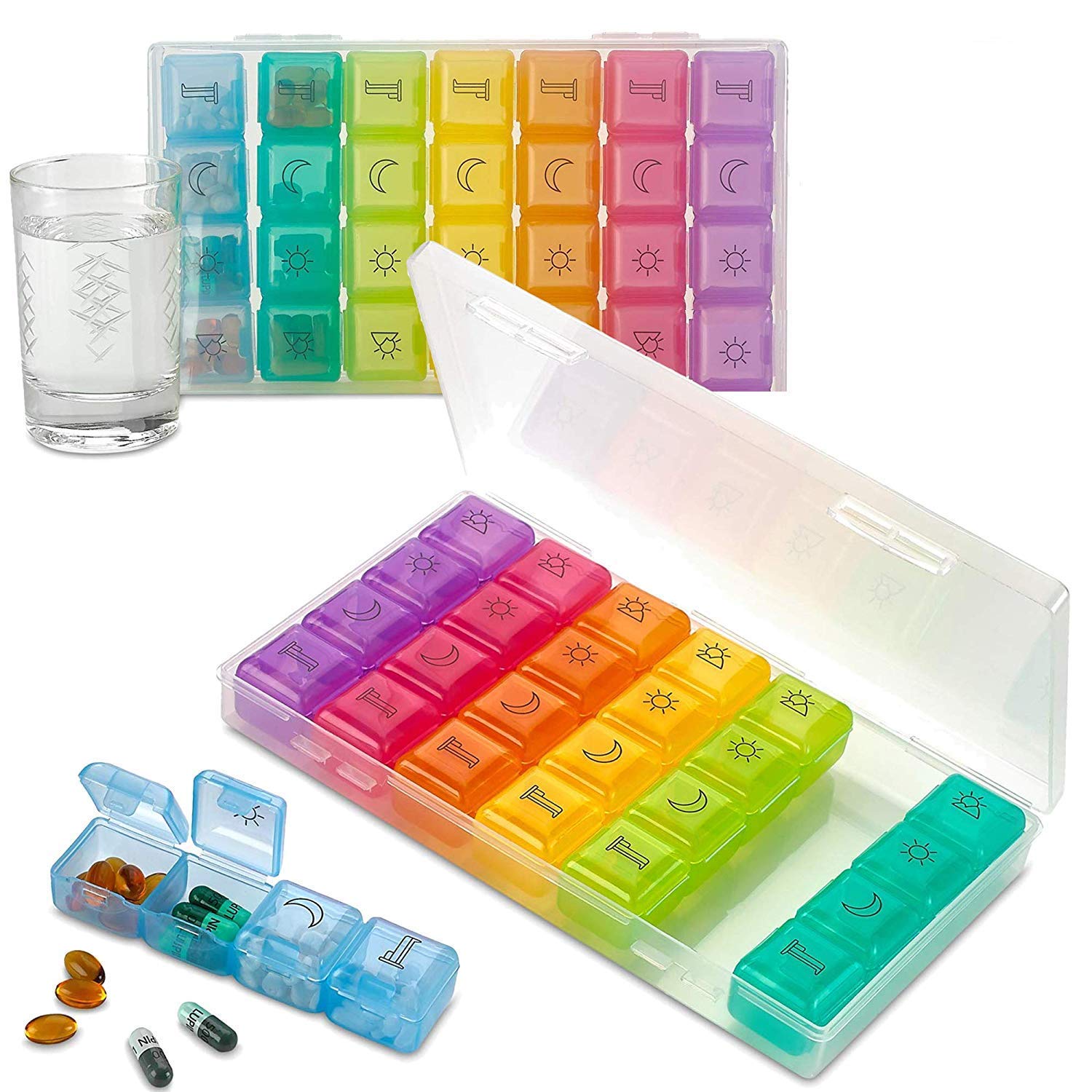 Weekly Pill Organizer - Pack of 2-4 Compartment Am/Pm Pill Box, 7 Day Large Travel Medication Dispenser Case for Vitamins, Supplements and Medicine