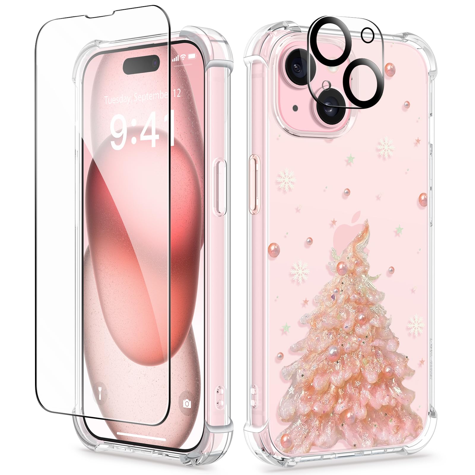 GVIEWIN Compatible with iPhone 15 Case 6.1" 2023, with Screen Protectors+Camera Lens Protectors, Non-yellow Flower Clear TPU Slim Bumper Shockproof Anti-Scratch Protective Cover,Pastel Tree/Pink