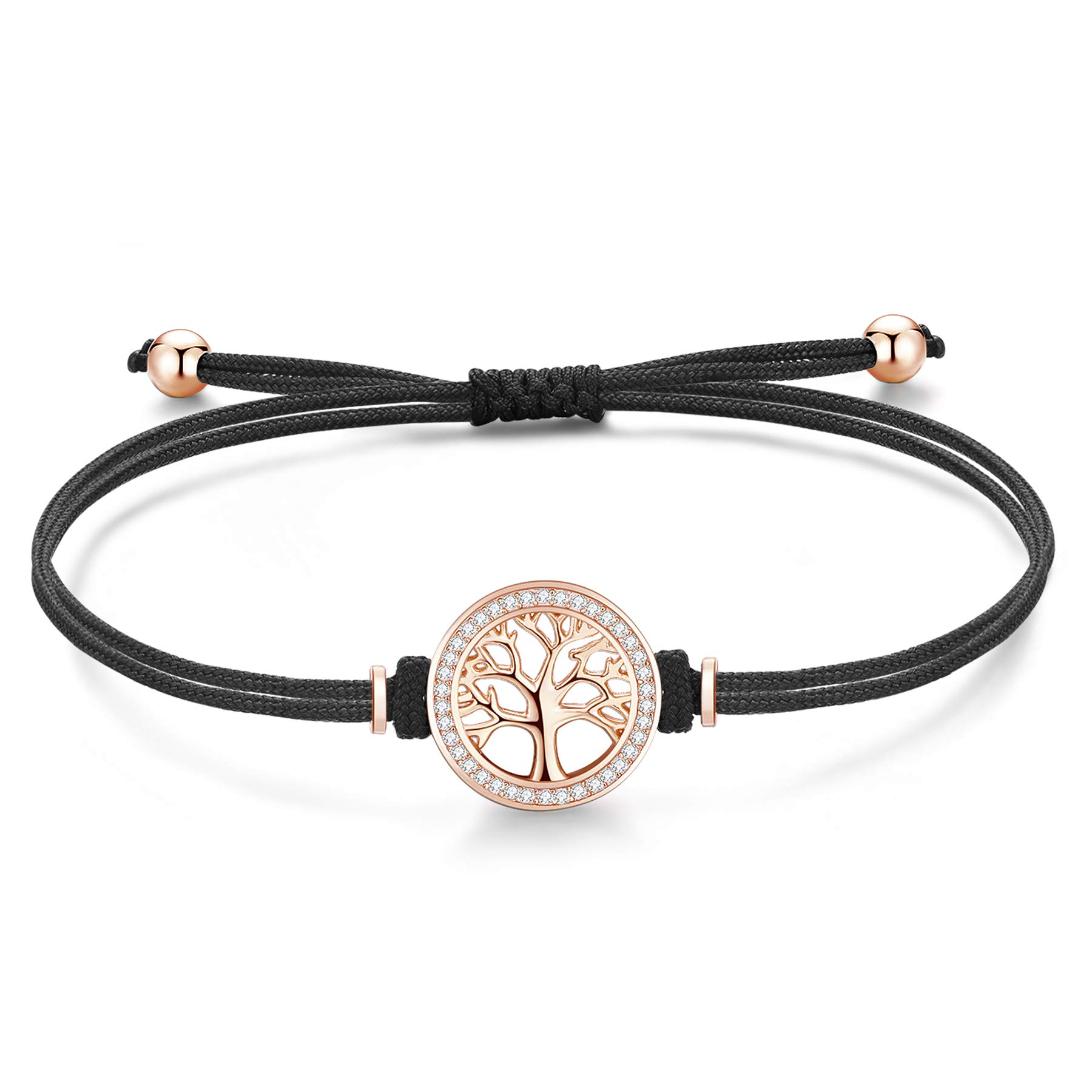Jrêveinfini Tree of Life Bracelet for Women Girls Sterling Silver 925 Sister Best Friendship Bracelet Charms Personalised Adjustable Rope Granddaughter Auntie Black String Bracelet Mum Rose Gold