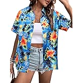 Summer Button Up Hawaiian Shirt: Women Hawaii Shirts Soft Cool Floral Tropic Print Short Sleeve V Neck T-Shirt