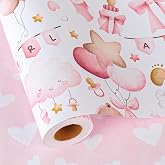 MAYPLUSS Pink Baby Wrapping Paper, 17IN X 33FT Girl Gift Wrapping Paper | Adorable Pink Bear, Cloud, Balloon, Bow Pattern, Reversible Heart Baby Shower Wrap for Girl 1st Birthday Party