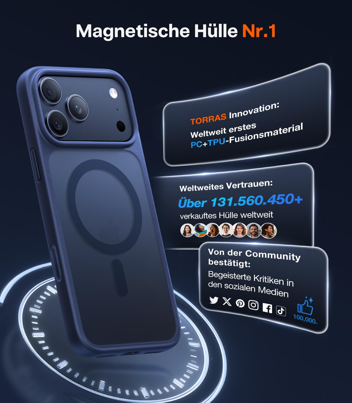 TORRAS Guardian-Mag für iPhone 17 Pro Hülle für MagSafe (Zertifizierte Militärschutz und Magnetkraft) Handyhülle iPhone 17 Pro Case Extrem Haltbarkeit Hülle Stoßfest Kratzfest Cover, Matt Blau