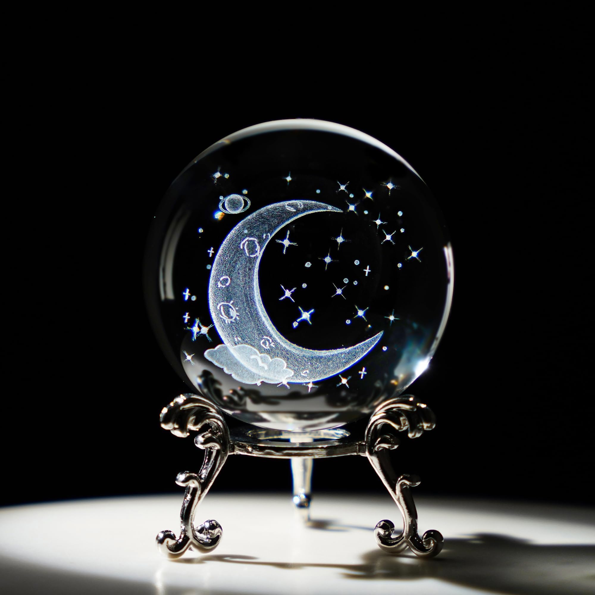 HDCRYSTALGIFTS 60mm 3D Crystal Ball Figurine Gifts for Women Men Glass Laser Engraved Star Moon Crystal Ball with Stand Paperweights Glass Ball Ornaments Decorations Gifts for Lovers
