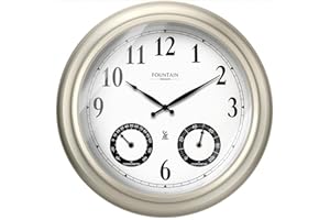 FOUNTAIN DESIGNS 20" Evander Outdoor Atomic Clock with Thermometer & Hygrometer, 3 in 1 Weather Stations, Large Wall Clocks for Living Room Decor,Modern Farmhouse Home Decor (Morning Silver)