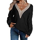 EVALESS Womens Long Sleeve Sweaters Fall 2024 Trendy Sexy Lace V Neck Knit Drop Shoulder Pullover Sweater Jumper Tops