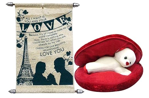 Saugat Traders Best Gift for Girlfriend - Red Heart Shape Pillow, Teddy Inside and Love Scroll Card