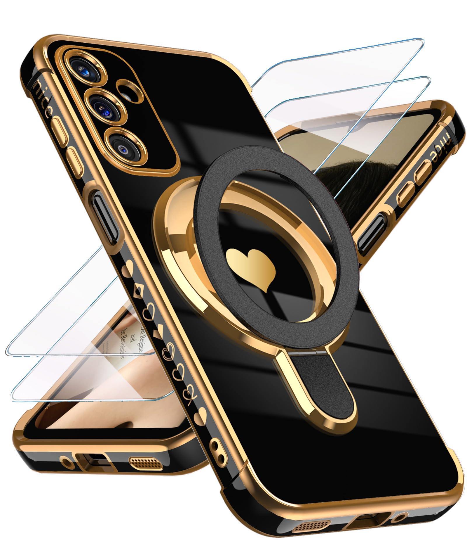 Photo 1 of **USED, RING DAMAGED** Liufcx for Samsung Galaxy A17 5G Love Heart Kickstand Case with 2X Screen Protector: Luxury Plated Gold Edge Slim Soft TPU Shockproof Protection Case Cover for Galaxy A17 (Black)