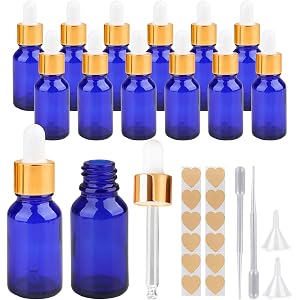 HLYHTGZ 1/2 oz Blue Glass Dropper Bottles,15ml Leakproof Tincture Bottles with Funnels, Eye Droppers, Labels, Refillable Empt