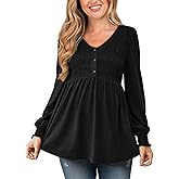 Women's Maternity Shirts V Neck Long Puff Sleeve Babydoll Top Casual Smocked Ruched Pregnancy Top with Button