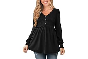 FMEYOA Women's Maternity Shirts V Neck Long Puff Sleeve Babydoll Top Casual Smocked Ruched Pregnancy Top with Button