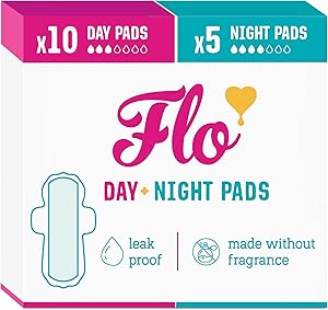 Flo - Day + Night Menstrual Pads (10 Day + 5 Night) - Organic Bamboo Period Pads for Women - Winged + Ultra Thin - Absorbent,