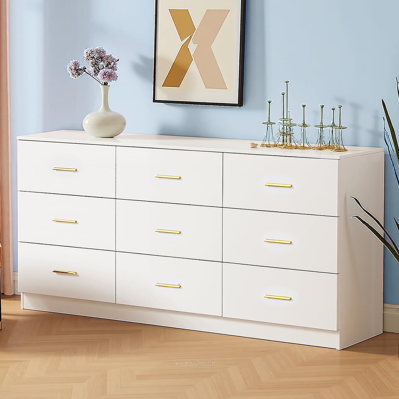 Photo 1 of **Check clerk notes** 
Mixcous 9 Drawer Dresser, 62.9" Large Deep Chest of Drawers, Wooden Dresser Storage Cabinet with 9 Drawers for Bedroom, Long White Dressers for Living Room, Hallway, Nursery