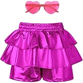 Girls Pleated Metallic Shorts Shiny Sparkle Ruffle Scooter Skater Dance Elastic Waist Rave Pants with Sunglasses for 6-13Y