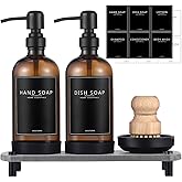 NEECZS Kitchen Soap Dispenser Set with Instant Dry Tray,16 Oz Hand and Dish Soap Amber Glass Dispenser Set,Stainless Steel Pump,Waterproof Labels&Dish Brush,Luxury Soap Bottle for Kitchen,Bathroom