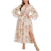EYWOL Wedding Guest Dress Plus Size Ruffle Bell Sleeve V Neck A Line Flowy Empire Waist Maxi Dresses with Slit