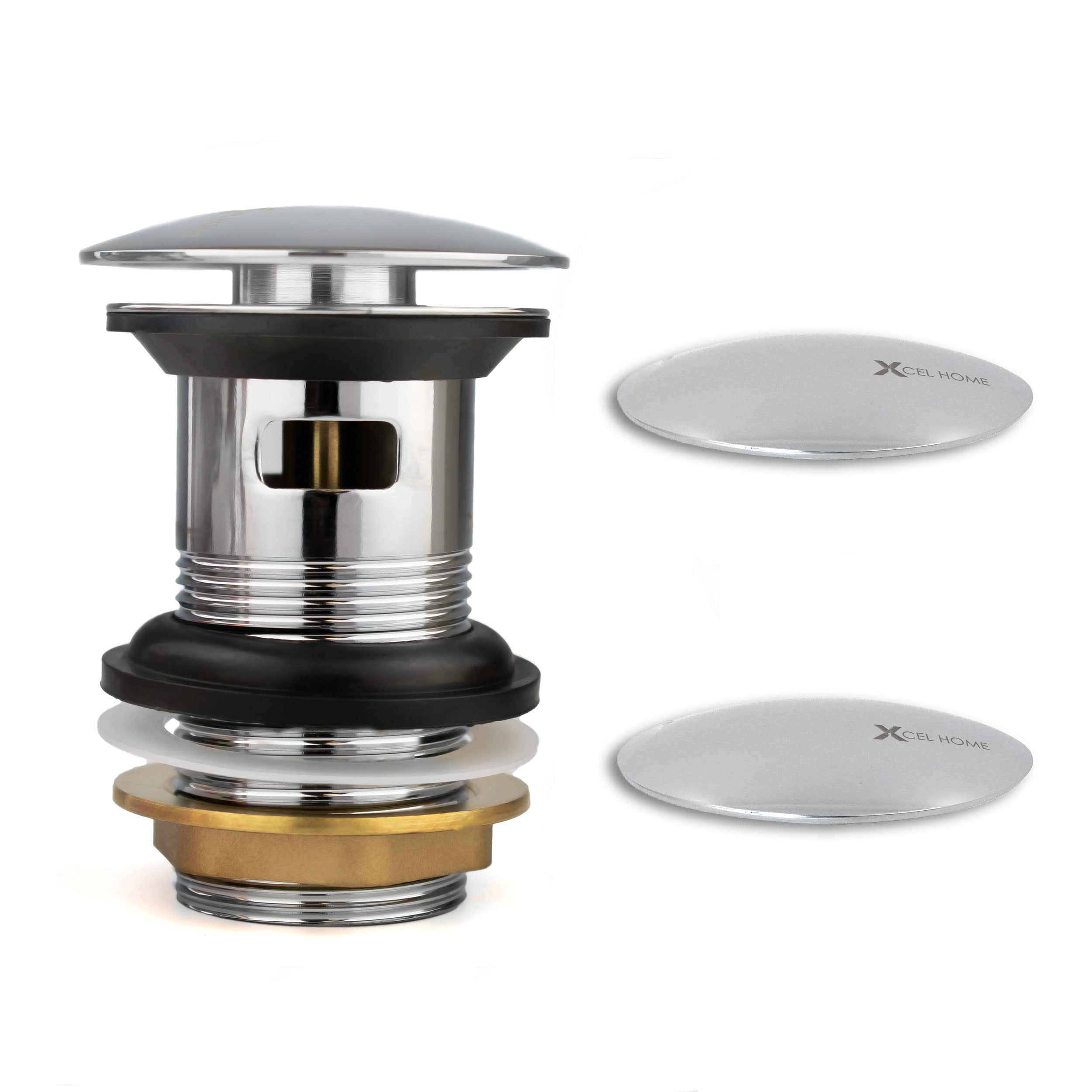 Xcel Home Chrome Slotted Click Clack Dome Basin Waste | with 2 Spare Plug Lids | Replacement Pop-Up Mushroom Spring Trap with Overflow for Bathroom Sink Solid Brass Construction Sprung Plug