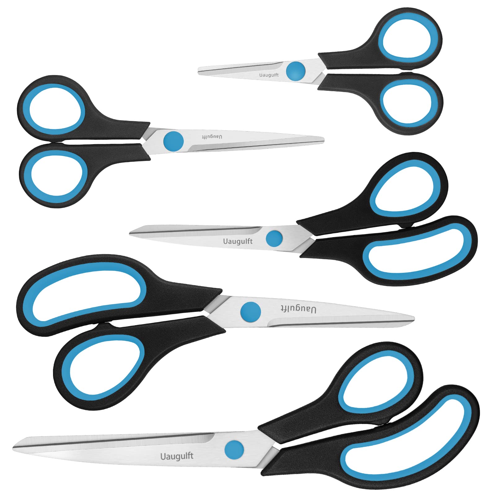 Uaugulft Scissors, Stainless Steel Multi-Purpose Paper Scissors with Soft Grip Handle, Blue Black, 5 Pieces Set
