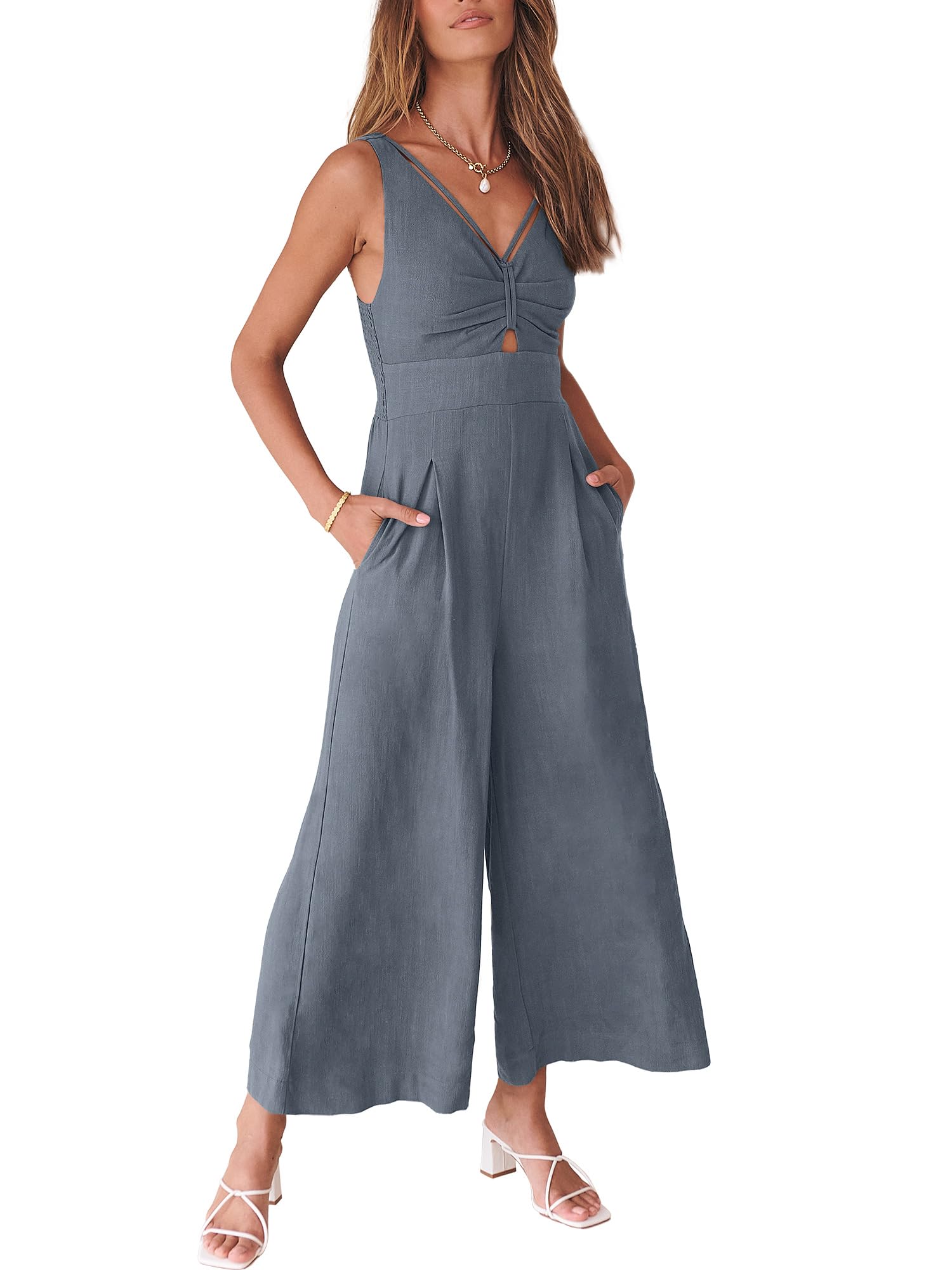 Photo 1 of ANRABESS Women's Jumpsuits Summer Wide Leg Sleeveless V Neck Casual Dressy Linen Pants Rompers 2025 Vacation Beach Outfits Dark Grey X-Large