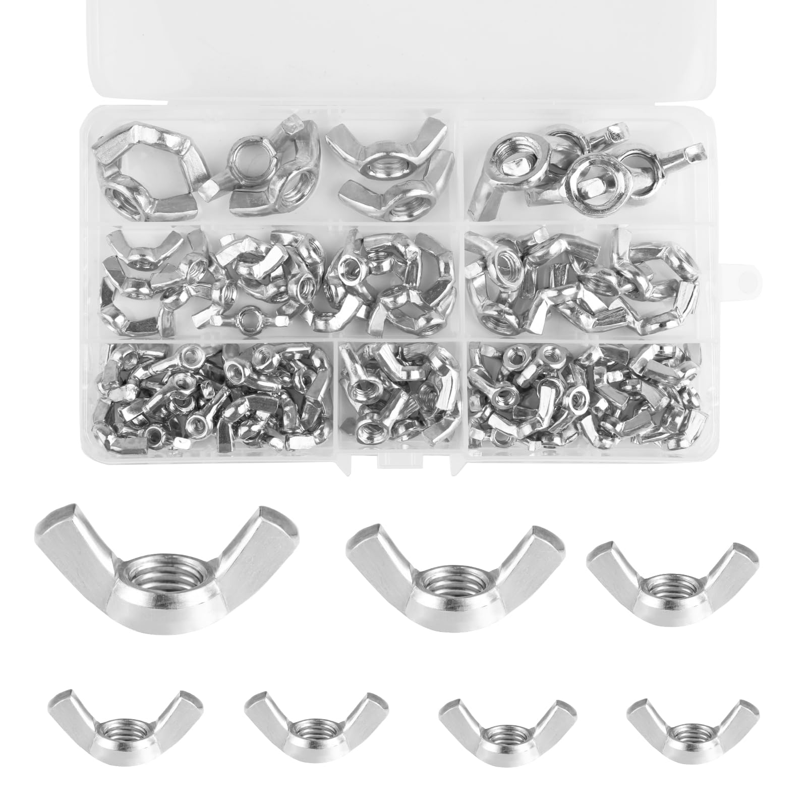 100 Pieces Wing Nuts Assortment Kit, Silver Q235 Carbon Steel Metric Butterfly Nuts, Hand Twist Nut for Building Bridges, Furniture Decoration, Electronic Equipment (M3/M4/M5/M6/M8/M10/M12)