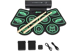 MEDIMALL 9-Pad Electronic Drum Set, Roll-Up Digital Drum Kit with 2 Stereo Speakers, 2 Foot Pedals, 2 Drum Sticks, Headphone Jack, MIDI Function, USB & MP3 Ports, Portable Drum Practice Pad (Green)