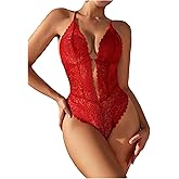 SOLY HUX Women's Cut Out Lace Teddy Lingerie Backless Deep V Neck Sheer Babydoll Bodysuit