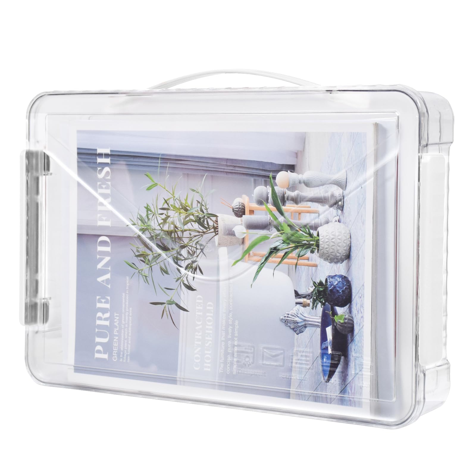 Elezeal Clear Storage Boxes with Lid - A4 Transparent Paper Storage Organiser with Handle and Portable Project Case Organizer for Storing Certificates, Scrapbook, Toys, and Invoices(White Handle)