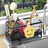 HapiRm Sponge Holder for Kitchen Sink - Self-draining Sink Caddy with Smiley Face and Brush Holder, Stainless Steel Kitchen Organizer for Countertop - Black