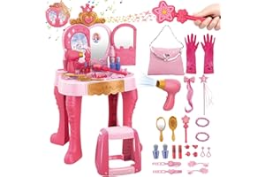 deAO Toddler Vanity Makeup Table Toy with Mirror & Chair,Kids Vanity Playset with Lights,Pretend Play Makeup Toy with Hair Dryer Toy,Toddler Beauty Salon Set,Princess Dress Up Playset