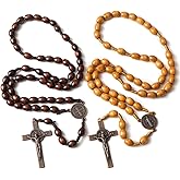 VZZNN 2 Pack Handmade rosary beads Wooden Catholic Rosaries - with Jerusalem Holy Soil Medal & Metal Cross Christian Rosary Bead for Women Men Unisex Jewelry Gift with San Benito Medal (Brown + Gray)