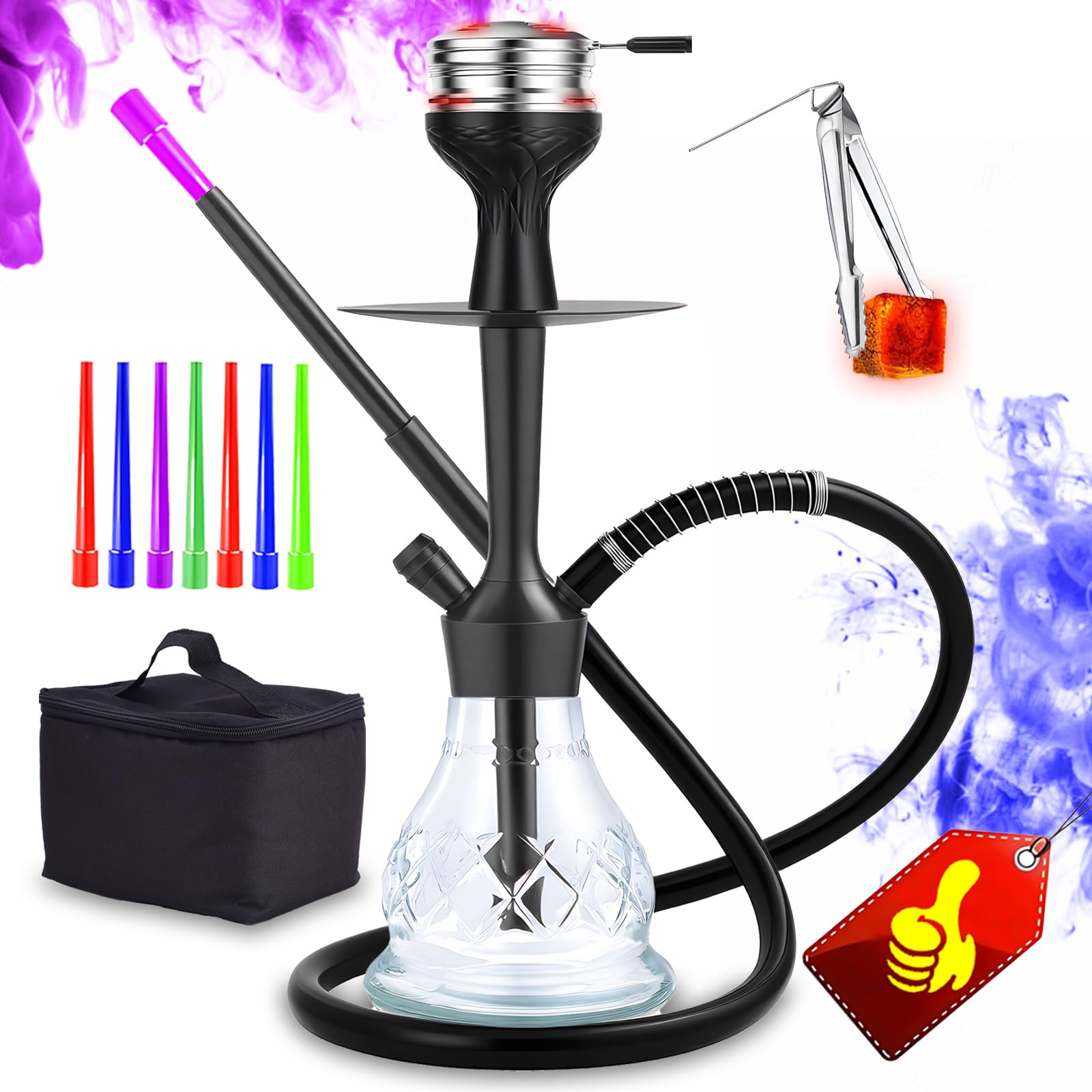 Photo 1 of 16.9" Premium Portable Hookah Set - Complete Travel Shisha Kit with Case, Silicone Hose & Stainless Steel Bowl for Home Use (L-Black)