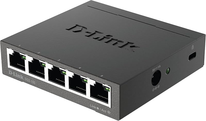DGS-105 5 Ports Layer2 Gigabit Switch (bis zu 2000 Mbit/s Datenübertragung pro Port, einfache Plug und Play-Installation, lüfterlos, Metallgehäuse) schwarz