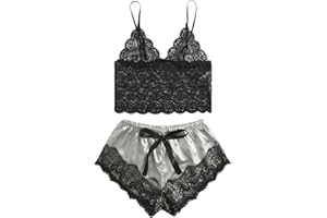 Zzalalana Women's Sexy Lingerie Sleepwear Camisole and Shorts Set Lace Bow Pajamas Exotic Deep V Neck Pjs 2 Pieces Set