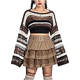 WDIRARA Women's Striped Crochet Shrug Boat Neck Crop Sweater Colorblock Drop Shoulder Pullovers Long Bell Sleeve Knit Tops