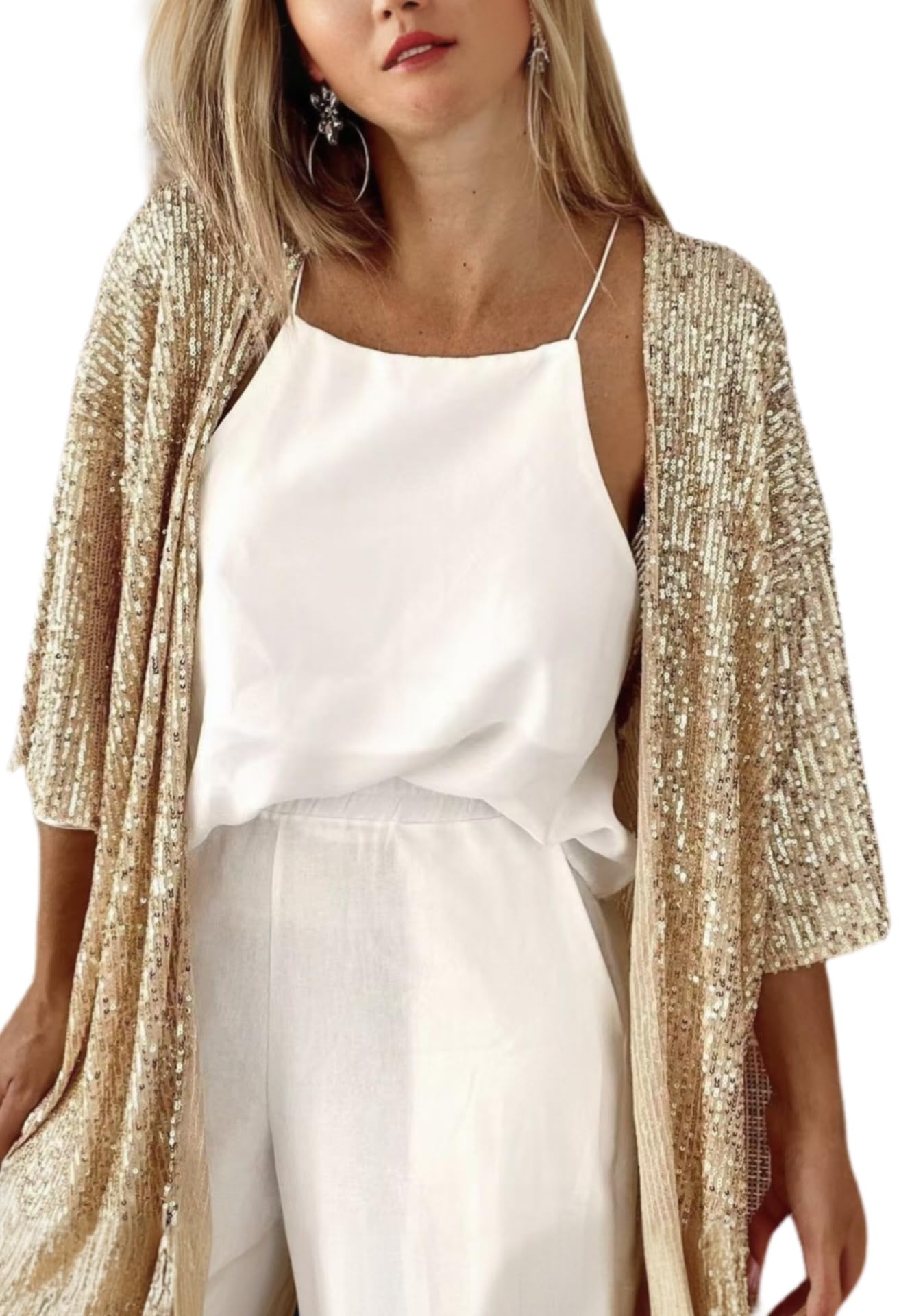 Photo 1 of Women’s Sequin Cardigan Open Front 3/4 Sleeve Elegant Glittery Sparkly Polyester Kimono Cardigan Coat for Women (Gold, Small)